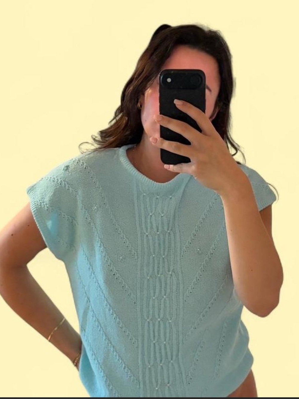 Light Blue Cable Knit Short Sleeve Sweater